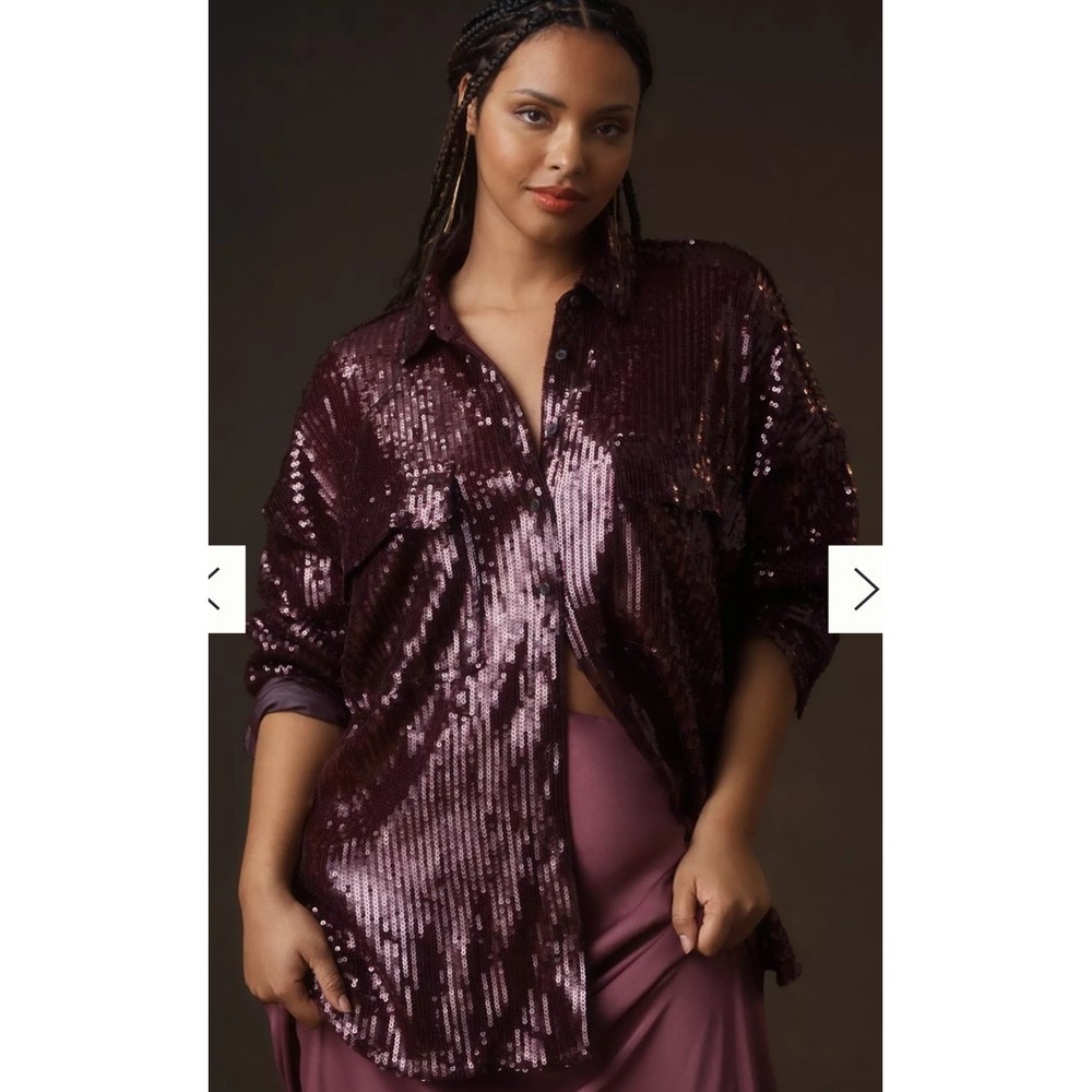 Anthropologie Pilcro Sequin Button-down Holiday Cocktail Burgundy Oversized XLP